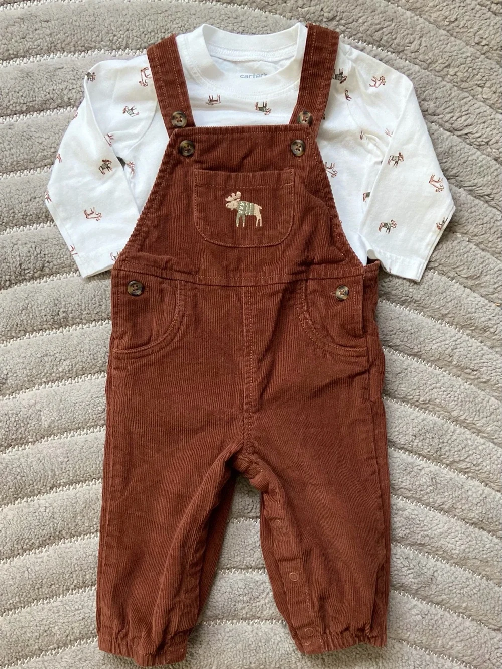 Carter's Rust Corduroy Overalls with White Moose Print Top